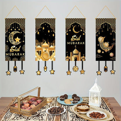 4pcs Black Golden Moon Islamic Hanging Flags