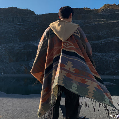 Windproof Cape Boho Geometric Shawl Wrap with Fringe