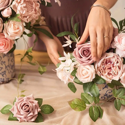 Dusty Rose Artificial Roses Flowers (25pcs) - Real Touch PE Foam, Flexible Wire Stems