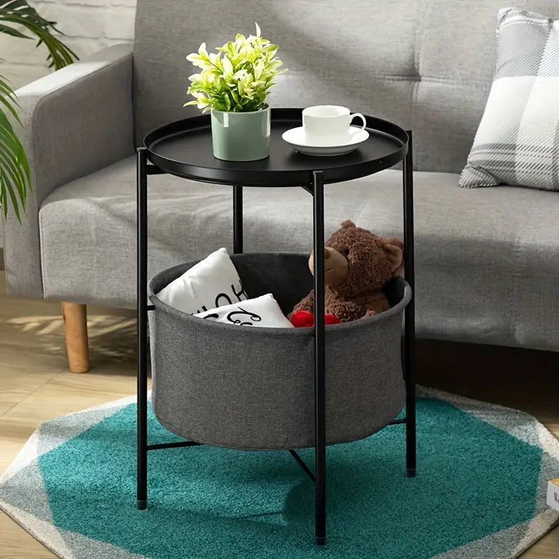 Double Layer Black Metal Tea Table in Black Color