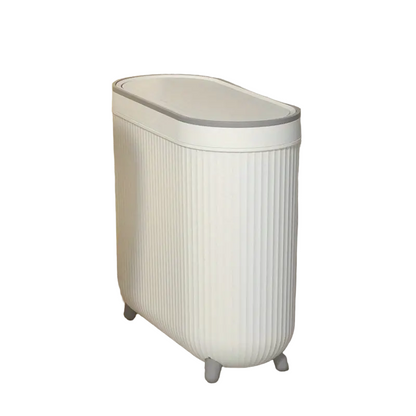 Compact Toilet Trash Can with Quiet Close Lid - White Gray Plastic, Space-Saving Design