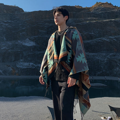 Windproof Cape Boho Geometric Shawl Wrap with Fringe