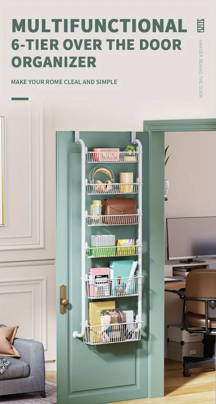 White Multi-Layer Metal Hanging Storage Basket - Over the Door Organizer with 6 Tiers