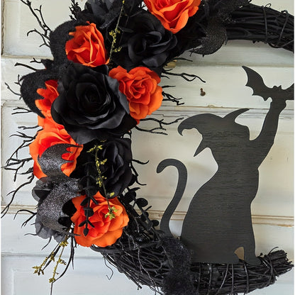 Halloween Witch Cat Moon Wreath Door Decor
