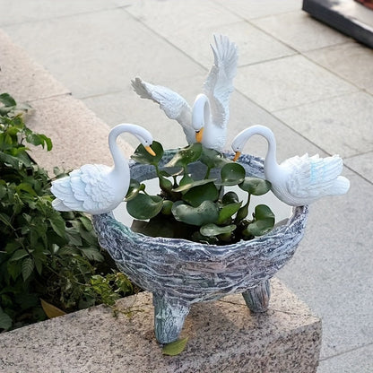 Swan Resin Flower Pot with Rattan Accent
