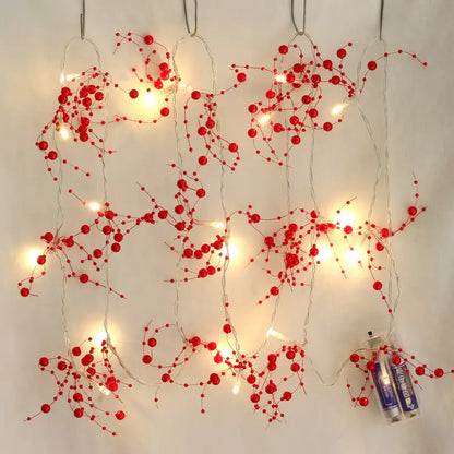 Red Pearl Chain String Lights - 20 LED Lighted Berry Beaded Garland
