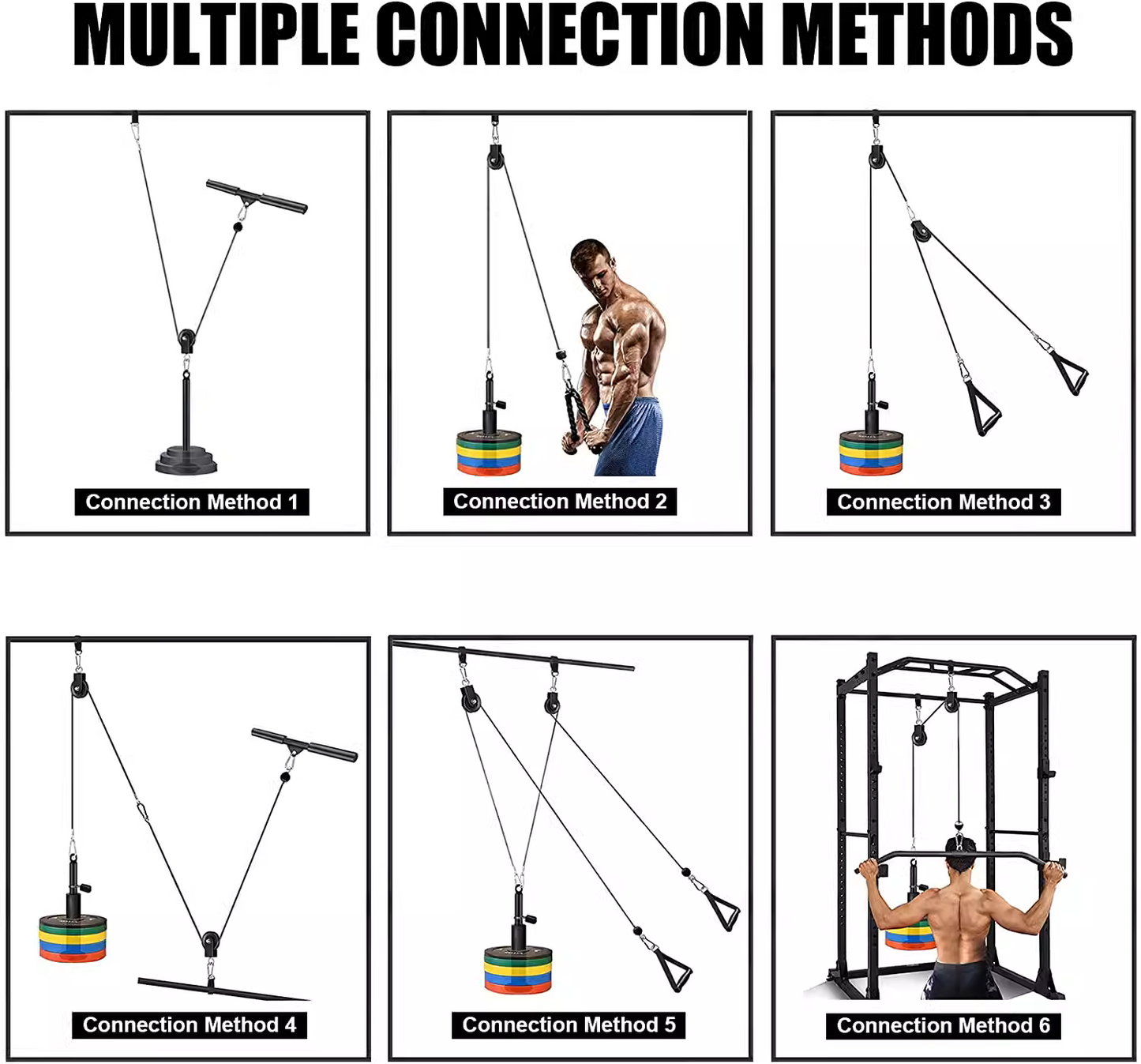 Home Fitness Pulley System – (Single Pulley with Long Pull Rod & 3-Head Rope)