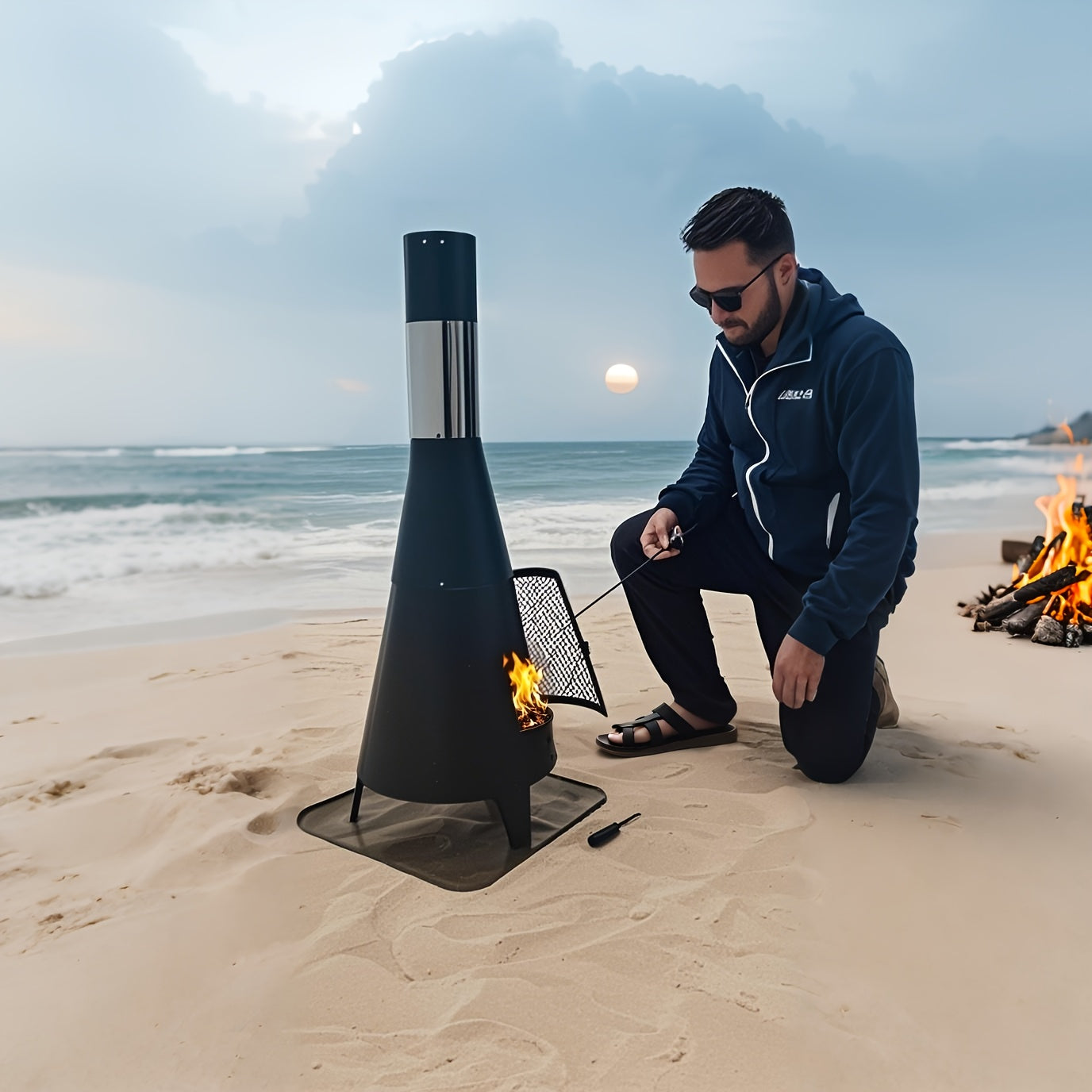 Outdoor Chimney Fireplace with Mesh Door Black Steel