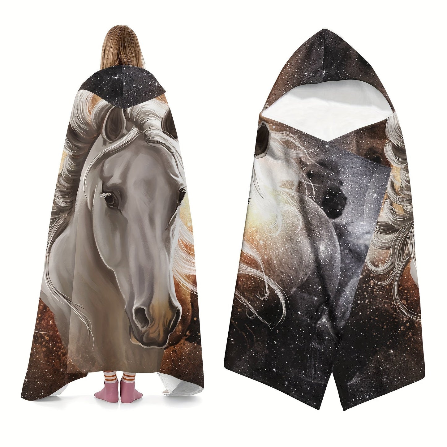 Horse Pattern Wearable Blanket Flannel Hooded Throw