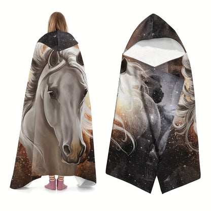 Horse Pattern Wearable Blanket Flannel Hooded Throw