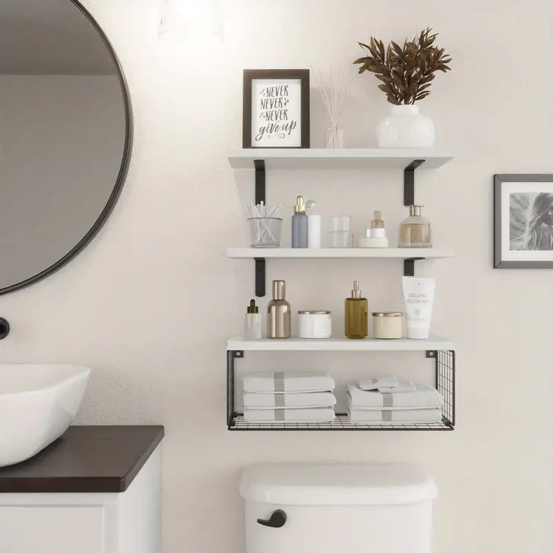 Elevate your bathroom decor with these sleek wood floating shelves