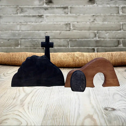 Handcrafted Wooden Cross Empty Tomb Easter Statue Set - Maple and Hickory Hardwood