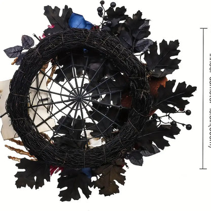 Eerie Illuminations: Skull Wreath with Spider Web and LEDs