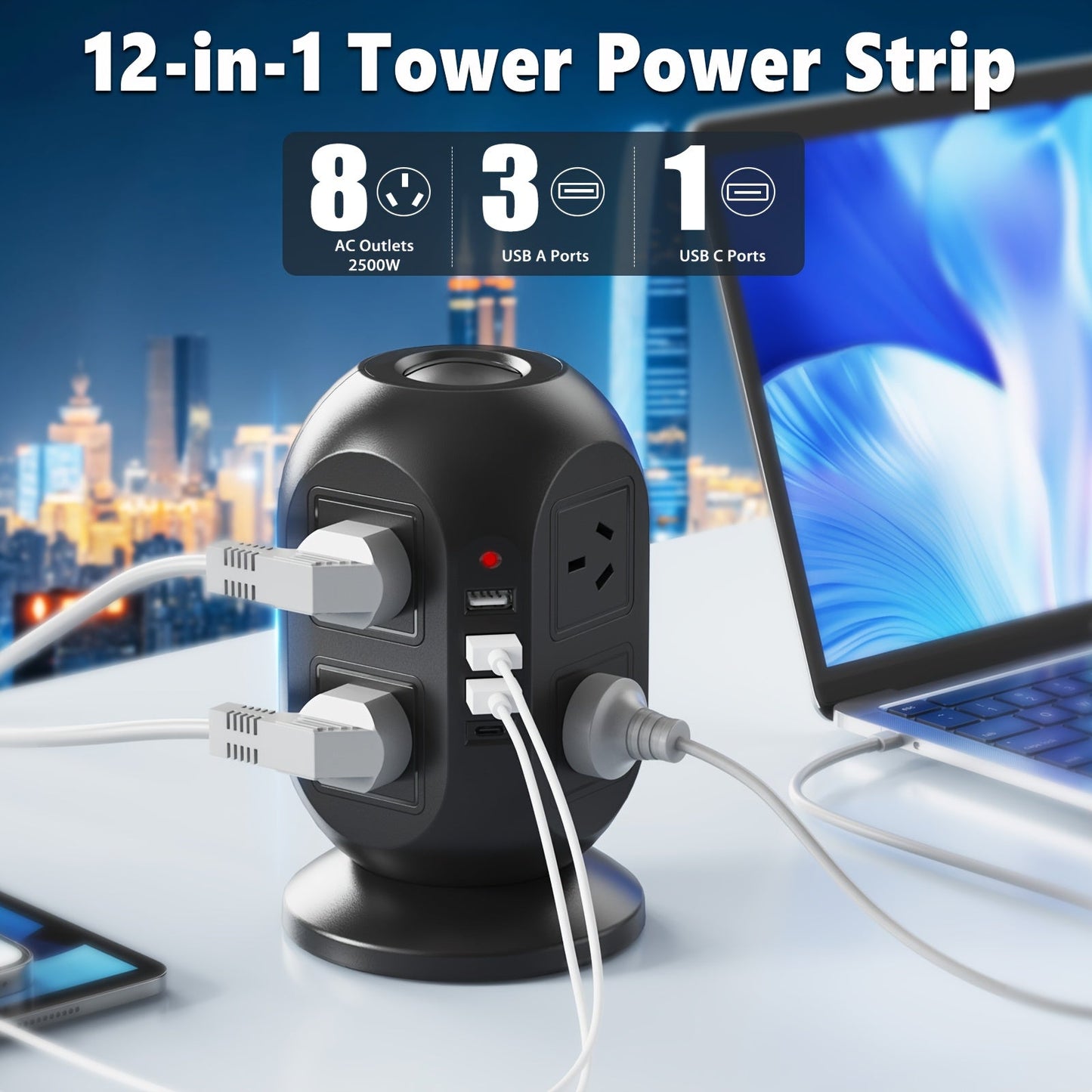 12-in-1 Tower Power Strip with USB
