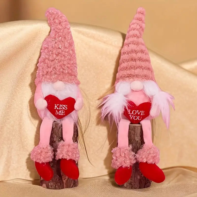 Romantic Handmade Plush Valentine's Day Gnome Decor Set - Long Leg Love Heart Design