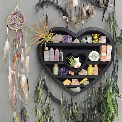 Two hearts intertwine in this beautifully crafted crystal wood shelf