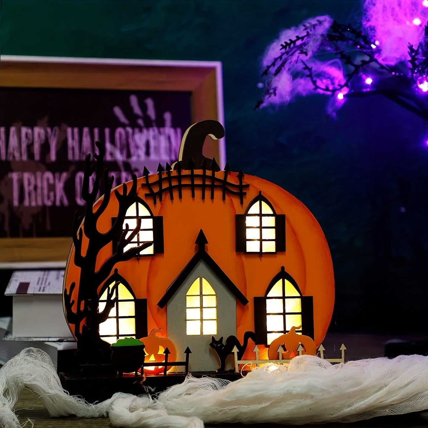 Wooden Lighted Pumpkin House Halloween Tabletop Decoration