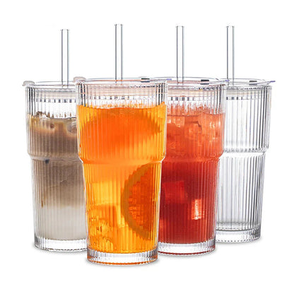 Stripe Glass Coffee Cup with Lid and Straw