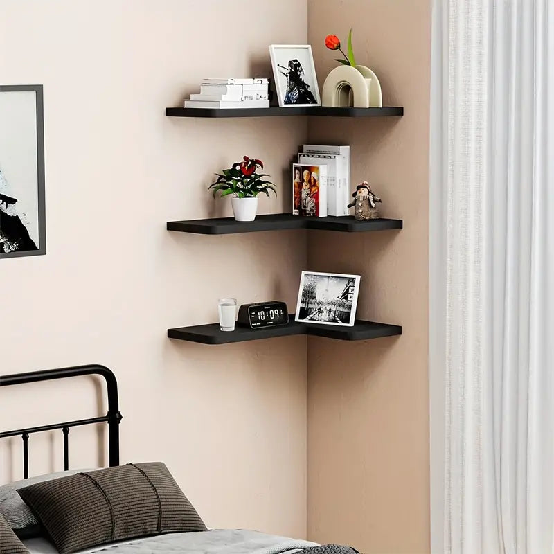 Contemporary Black Corner Floating Shelves - Set of 3