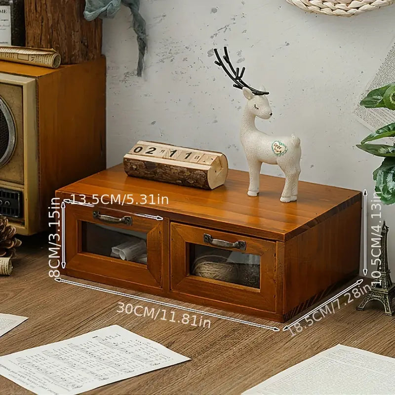 Vintage Wooden Desk Organizer with Glass Drawer - Double Drawer Size