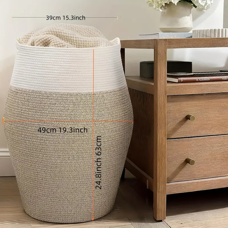 Woven Cotton Laundry Basket with Curve Shape and Handles - Large
