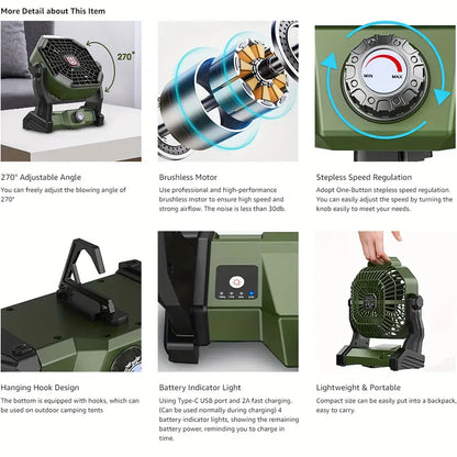 Portable Rechargeable Camping Fan - 7800mAh Battery, Cordless, USB Operated, Wireless, Hanging Hook