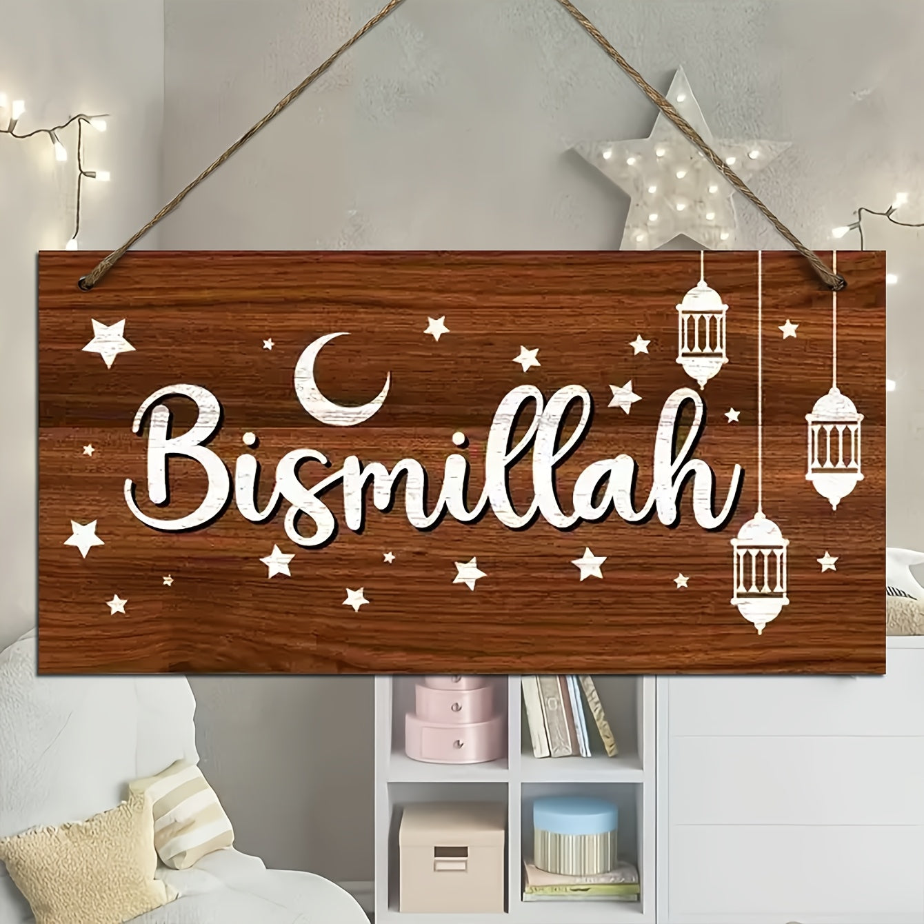 Wooden Ramadan Wreath Star-Themed Eid Decor Sign