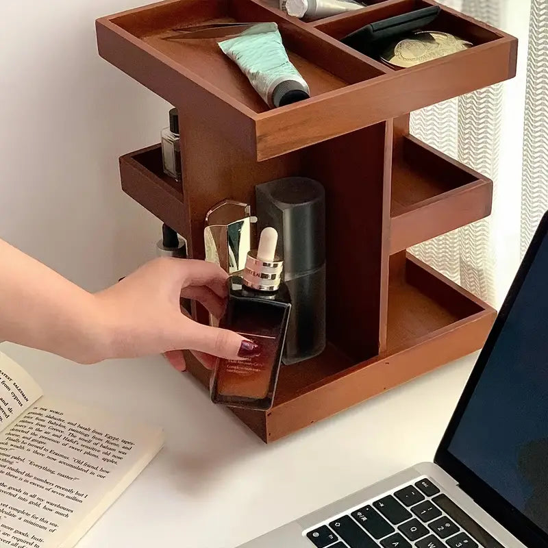 360° Rotating Wooden Cosmetic Storage Shelves - Brown Vanity Shelf