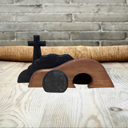 Handcrafted Wooden Cross Empty Tomb Easter Statue Set - Maple and Hickory Hardwood