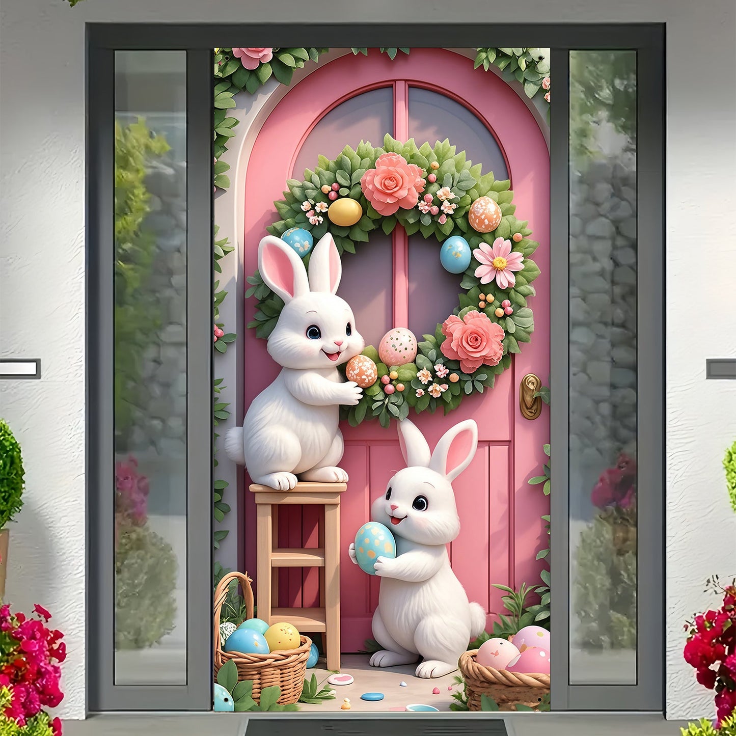 2D Easter Door Banner with Rabbits and Eggs