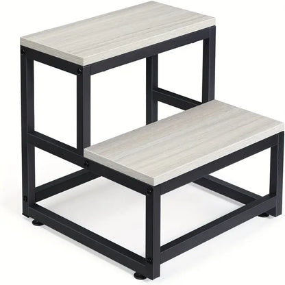 Heavy Duty 2-Step Steel and Wooden Step Stool - Grey