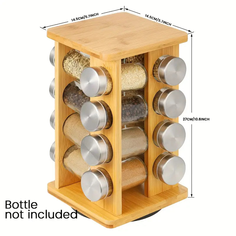 Bamboo Revolving Spice Rack - 16-Jar Countertop Organizer for Kitchen Storage