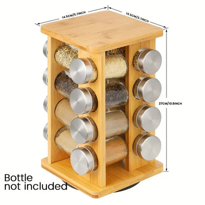 Bamboo Revolving Spice Rack - 16-Jar Countertop Organizer for Kitchen Storage