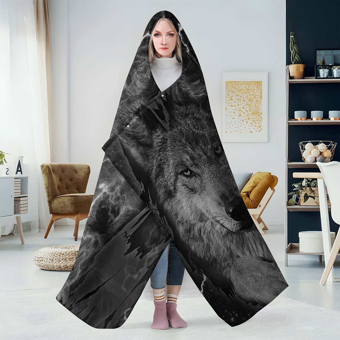Wolf Pattern Wearable Hat Blanket Flannel
