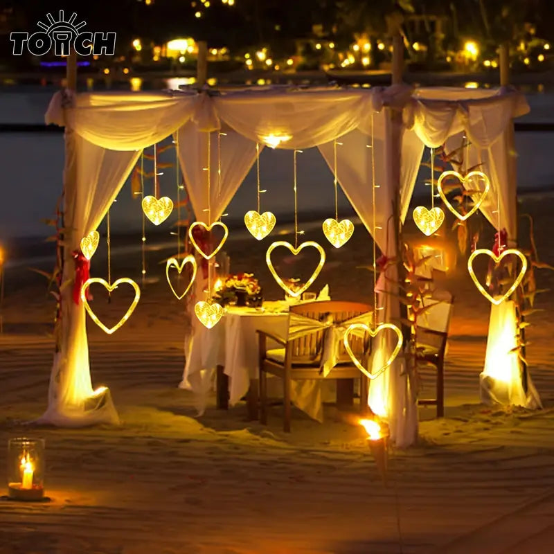 Waterproof Heart-Shaped LED Curtain String Lights - 138 LEDs, 8 Flashing Modes