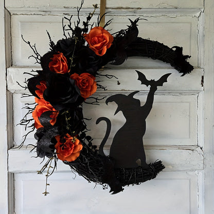 Halloween Witch Cat Moon Wreath Door Decor