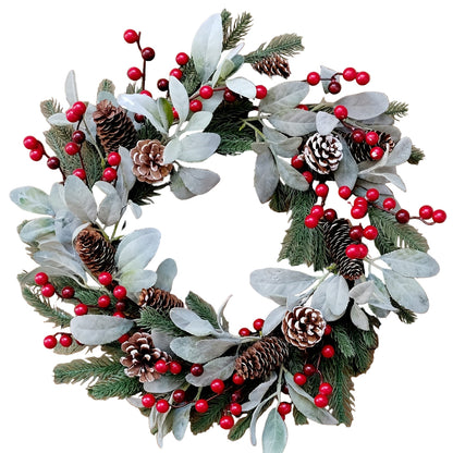 Christmas Wreath Wall Hanging with Pine Cones & Red Berries