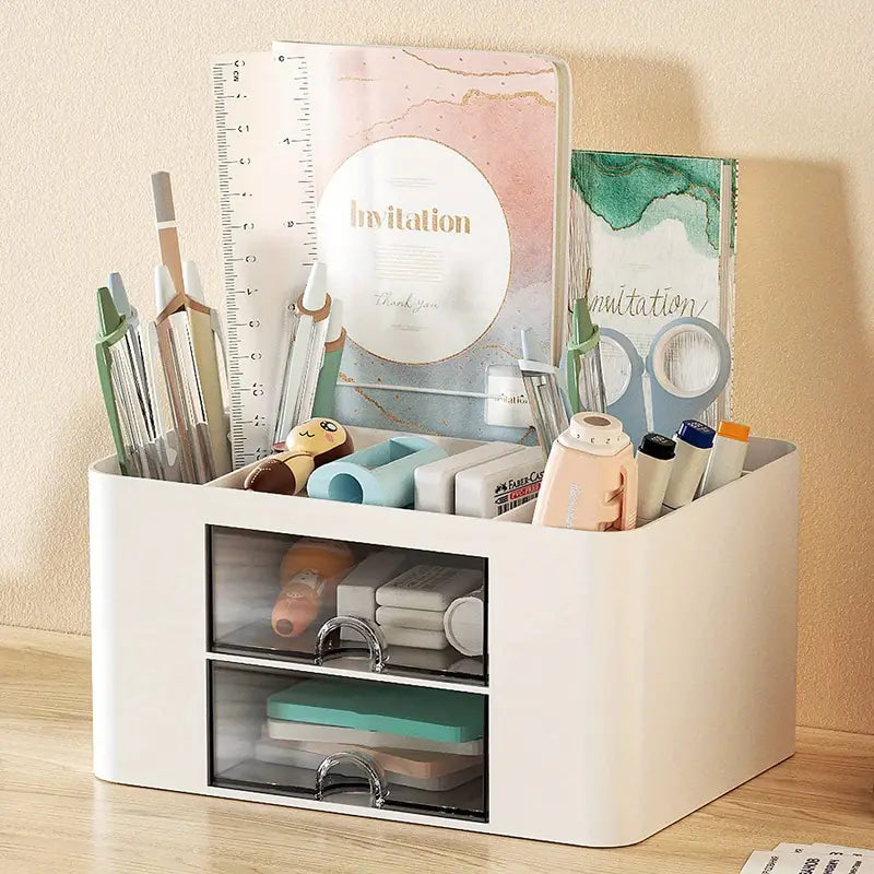 White Pen Organizer with 2 Drawers - Multi-Functional Desk and Office Supplies Holder- White