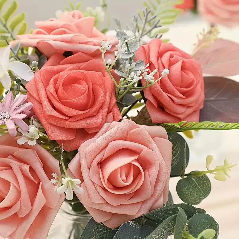 25-Piece Retro Deep and Light Coral Artificial Roses Set with Real Touch Feel