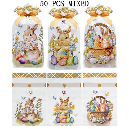 50-Pack Easter Bunny Gift Bags with Ribbons