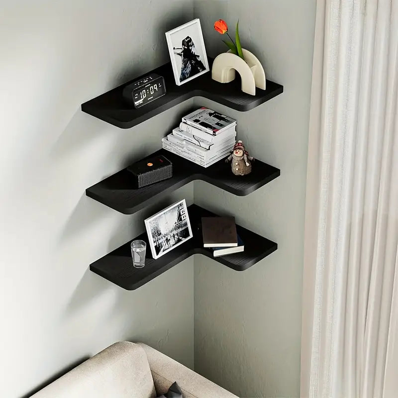 Contemporary Black Corner Floating Shelves - Set of 3