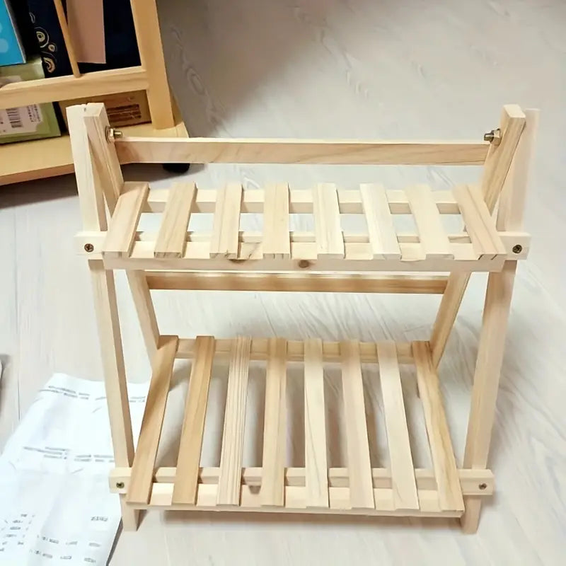 Organize in style with this sturdy wooden double-layer trapezoidal storage rack