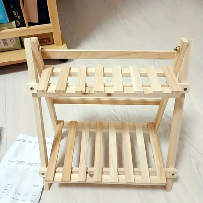 Organize in style with this sturdy wooden double-layer trapezoidal storage rack