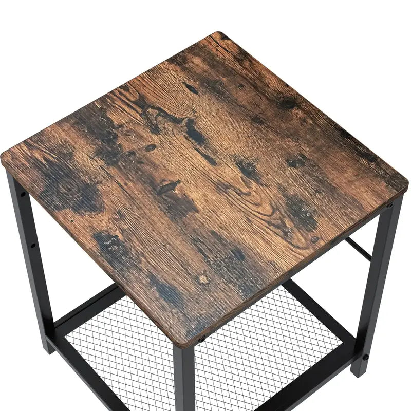 2-Tier End Table Nightstand with Storage Shelf - Rustic Brown+Black