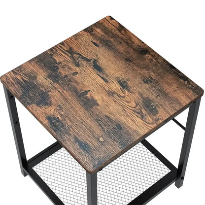 2-Tier End Table Nightstand with Storage Shelf - Rustic Brown+Black