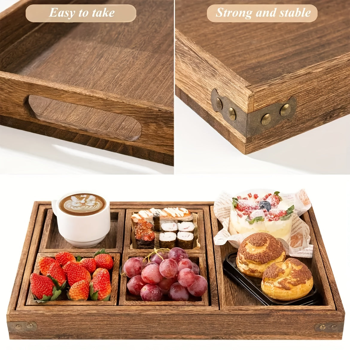 Rustic Wooden Tray Set with Handles (7pcs)