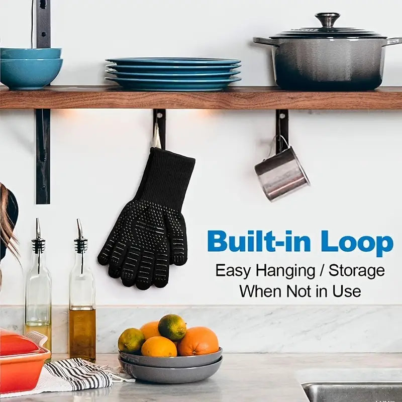 Fireproof Silicone BBQ Gloves - Heat Resistant, Cut-Resistant, Non-Slip (Black)