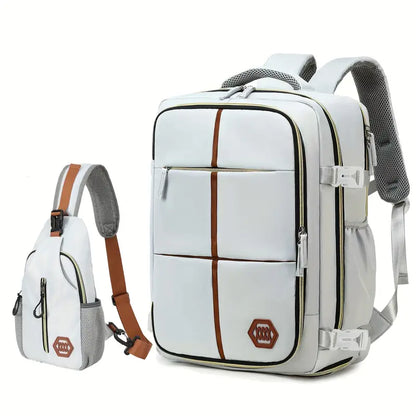 Travel Backpack with Airline-Approved Laptop Compartment and Shoes Compartment - Silver Gray and Chest Bag