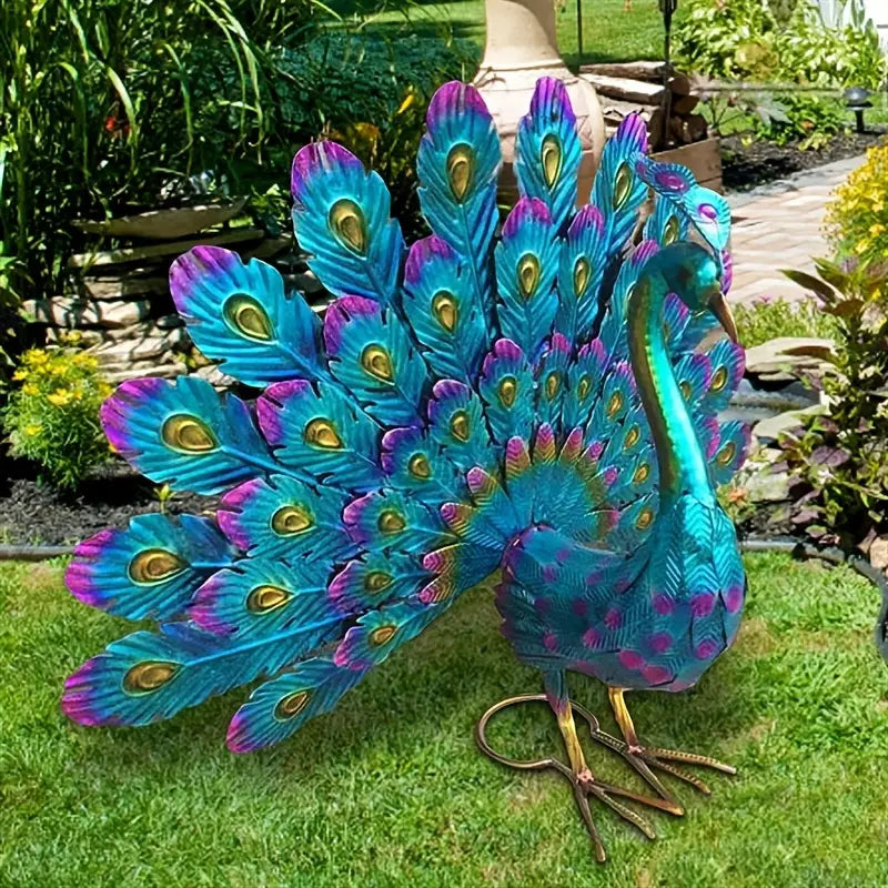 Exquisite Painted Peacock Garden Sculpture - Elegant Metal Animal Figurine for Easter