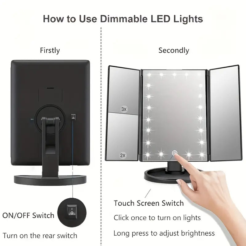 LED Lights 2X 3X Magnification Lighted Makeup Mirror,  Touch Control, Trifold Makeup Mirror, Rechargeable and dimmable light